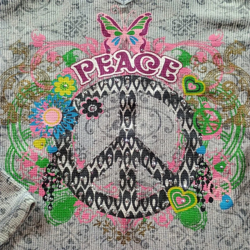 The Children's Place Girls Peace Sign Hoodie Gray M 7/8 Waffle Knit Thermal